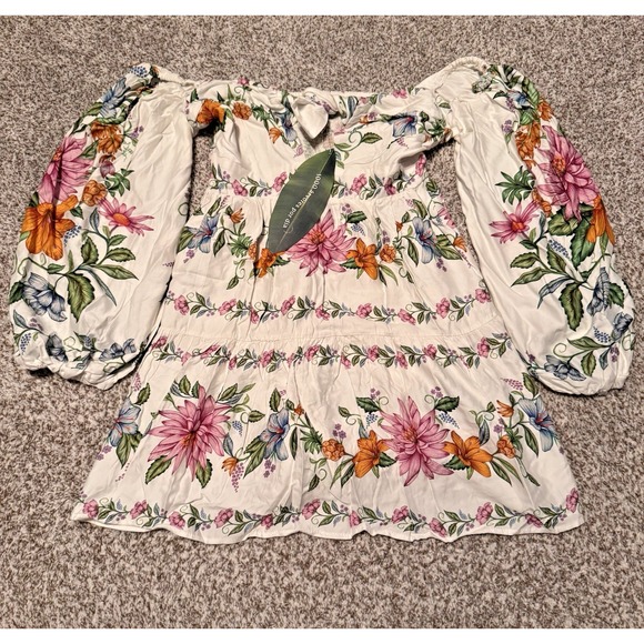 Farm Rio Large Floral‎ Off-The-Shoulder Balloon Sleeve Keyhole Mini Dress New - Picture 1 of 9